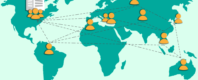 Outsourcing image with world map and icons on blue