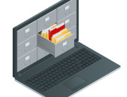File cabinets inside the screen of laptop computer. Data storage 3d isometric vector illustration.