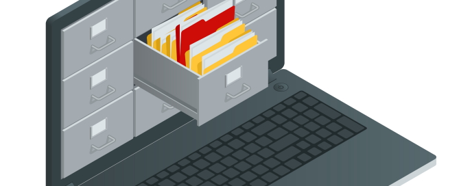 File cabinets inside the screen of laptop computer. Data storage 3d isometric vector illustration.