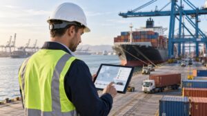 Logistics professional using container tracking software at a shipping port